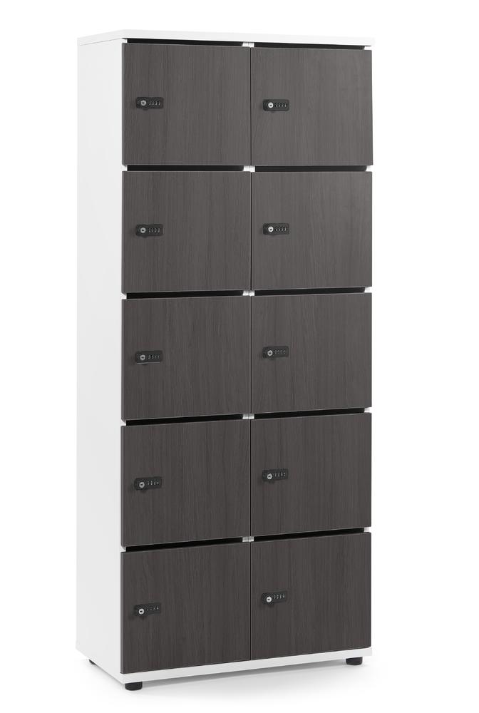 Schließfachschrank OFFICE-LINE mit 10 Fächern | Eiche dunkel | mit Posteinwurf | Weiß | Mechanisches Zahlen-Kombinationsschloss