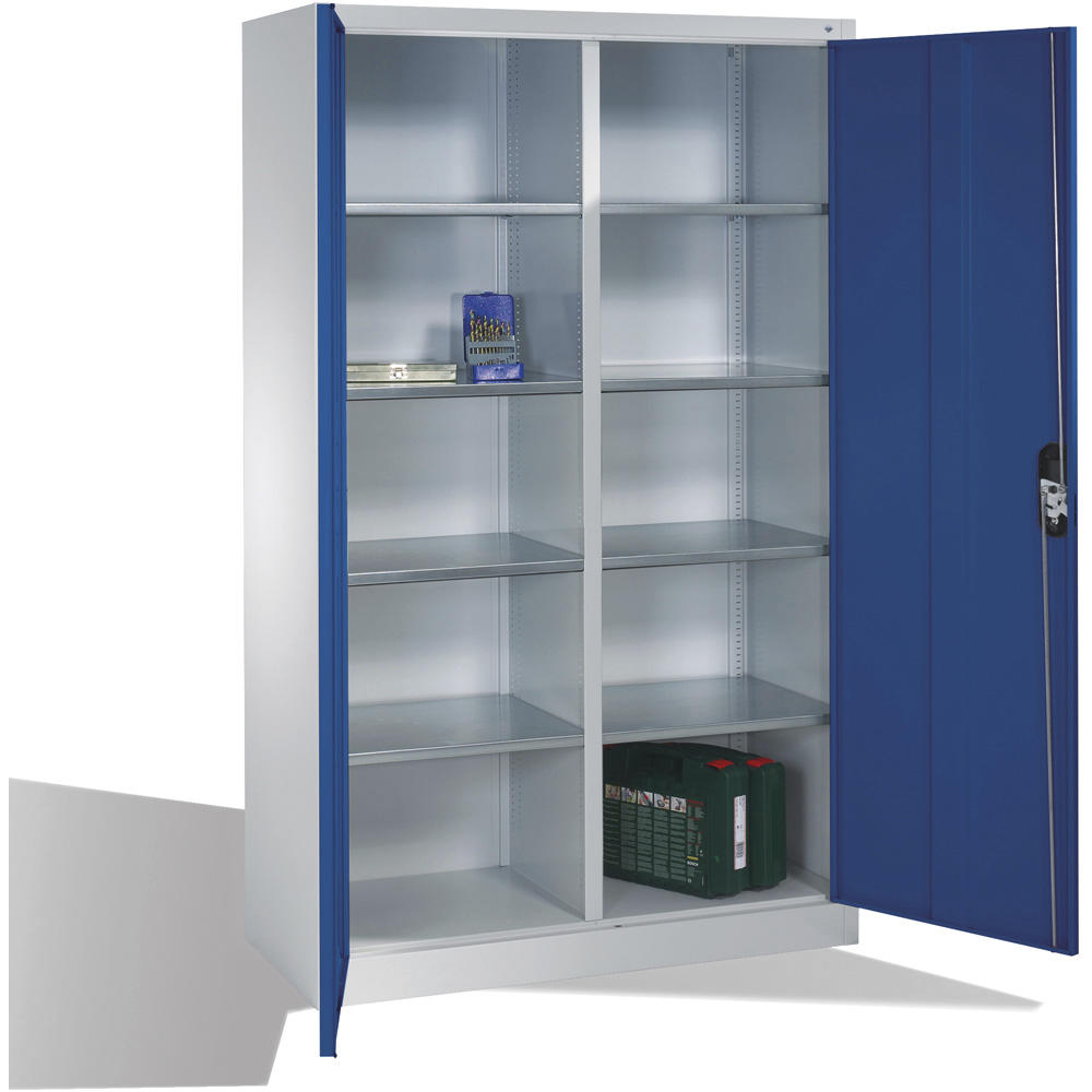 Flügeltüren-Stahlschrank SYSTEM ERGO-LOCK | Enzianblau RAL 5010 | 1200 | links und rechts 4 Fachböden