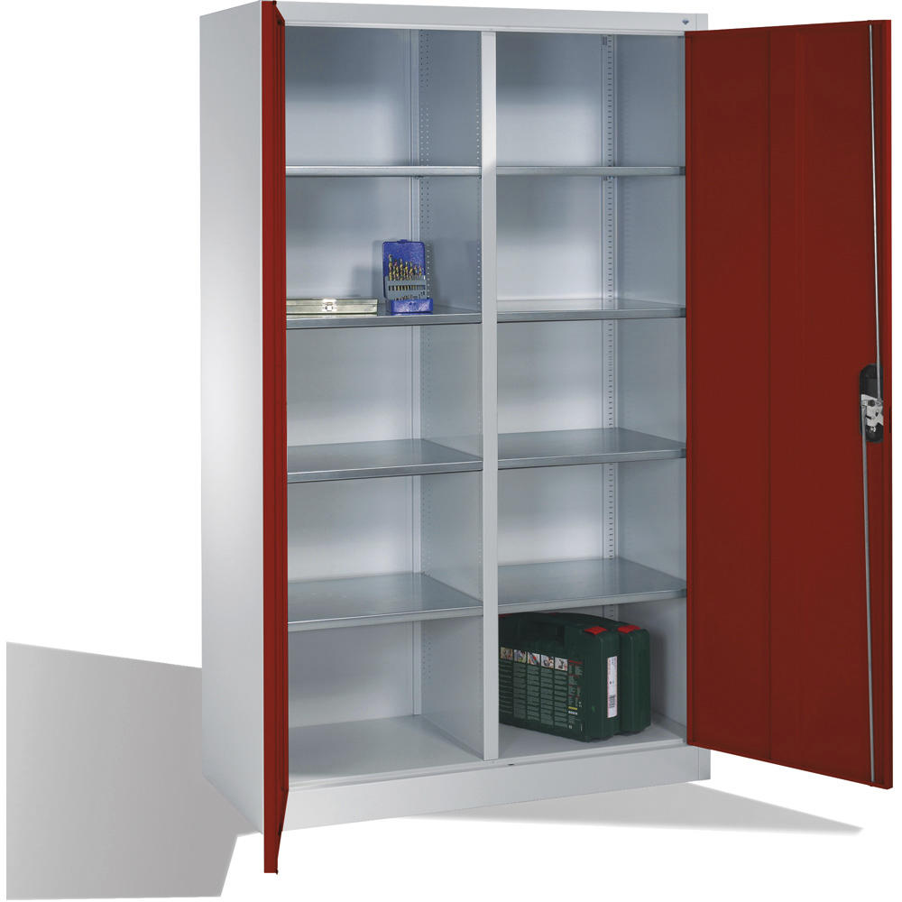 Flügeltüren-Stahlschrank SYSTEM ERGO-LOCK | Rubinrot RAL 3003 | 1200 | links und rechts 4 Fachböden