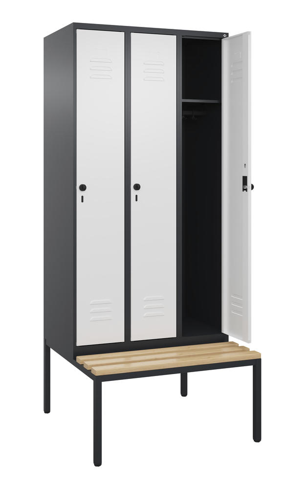 Garderoben-Stahlspind CLASSIC PLUS, mit Sitzbank | Verkehrsweiß RAL 9016 | mit untergebauter Sitzbank, Holzleisten | Schwarzgrau RAL 7021 | 300 | 3