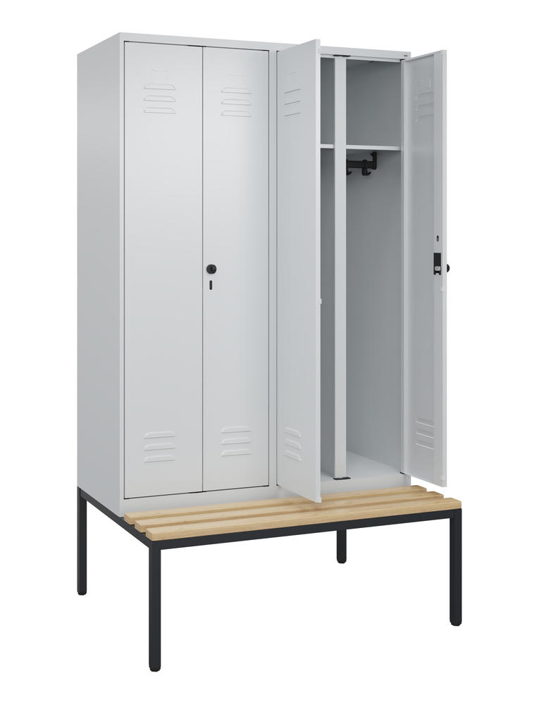 Arbeitsstättenspind CLASSIC PLUS, mit Sitzbank | Lichtgrau RAL 7035 | mit untergebauter Sitzbank, Holzleisten | Lichtgrau RAL 7035 | 300 | 4