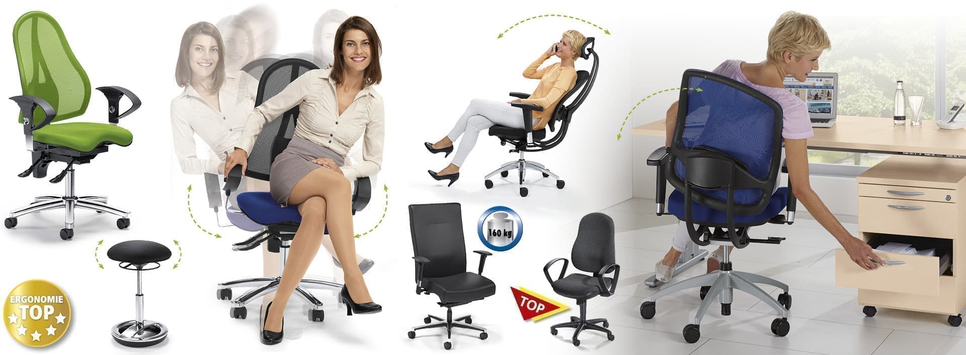 Eine Übersicht verschiedener ergonomischer Bürostühle, teilweise mit Demonstation von beweglichen Rückenlehnen und Sitzflächen