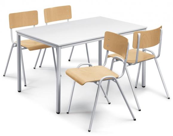 SET: 1 Tisch, 4 Stapelstühle Holz Lichtgrau | Tischgröße B 1200 x T 800 mm | Alusilber RAL 9006