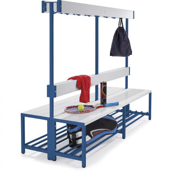 Doppelseitige Garderoben-Sitzbank Enzianblau RAL 5010 | 1500 | zweiseitige Garderobenbank | mit Schuhrost