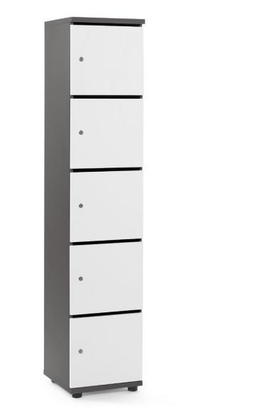 Schließfachschrank OFFICE-LINE mit 5 Fächern Weiß | mit Posteinwurf | Melamin | Anthrazit | Zylinderschloss mit Wechselzylinder