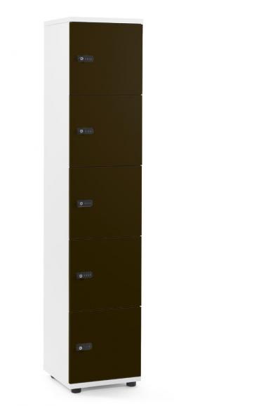 Schließfachschrank OFFICE-LINE mit 5 Fächern Braun | ohne Posteinwurf | Hochglanz | Weiß | Mechanisches Zahlen-Kombinationsschloss