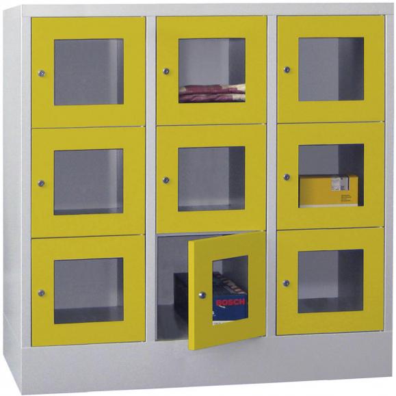Schließfachschrank CLASSIC mit Sichtfenstertüren Zinkgelb RAL 1018 | 400 | 3 | 9