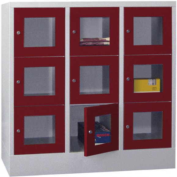 Schließfachschrank CLASSIC mit Sichtfenstertüren Rubinrot RAL 3003 | 400 | 3 | 9