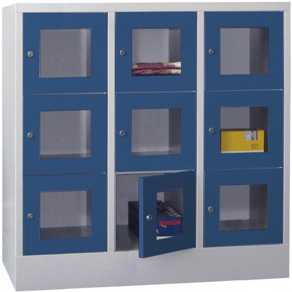 Schließfachschrank CLASSIC mit Sichtfenstertüren Enzianblau RAL 5010 | 400 | 3 | 9