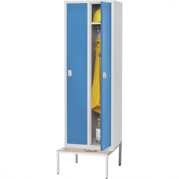 Garderoben-Stahlspind SP PROFI mit Sitzbank Lichtblau RAL 5012 | 300 | 2 | Drehriegelverschluss | mit untergebauter Sitzbank, Holzleisten