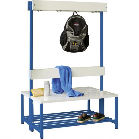 Doppelseitige Garderoben-Sitzbank Enzianblau RAL 5010 | 1000 | zweiseitige Garderobenbank | ohne Schuhrost