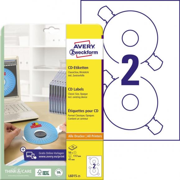 Avery Zweckform CD/DVD-Etikett L6015-25 matt weiß 