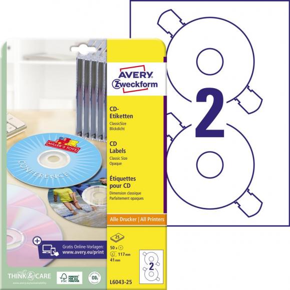 Avery Zweckform CD/DVD-Etikett L6043-25 117mm weiß 