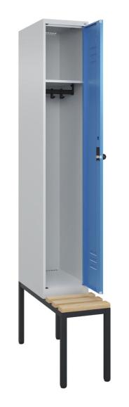 Garderoben-Stahlspind CLASSIC PLUS, Sitzbank Buche Lichtblau RAL 5012 | 300 | 1 | Lichtgrau RAL 7035 | mit untergebauter Sitzbank, Holzleisten