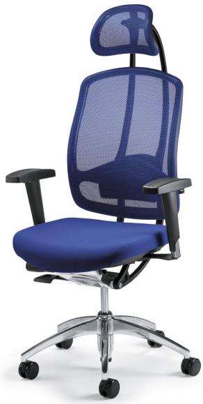 Bürostuhl MATTEGO mit Armlehnen Blau/Blau | verstellbare Armlehnen | Aluminium poliert | mit Kopfstütze