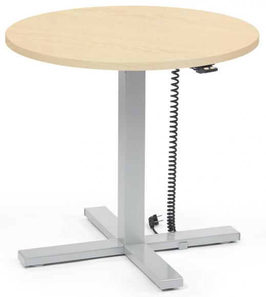 Höhenverstellbarer Schreibtisch MODUL Monosäule Ahorndekor | Platte Rund - Durchmesser 800 mm | Alusilber