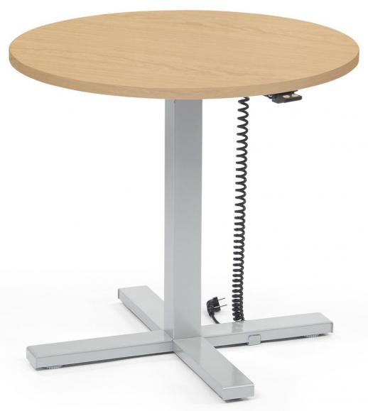 Höhenverstellbarer Schreibtisch MODUL Monosäule Buchedekor | Platte Rund - Durchmesser 800 mm | Alusilber